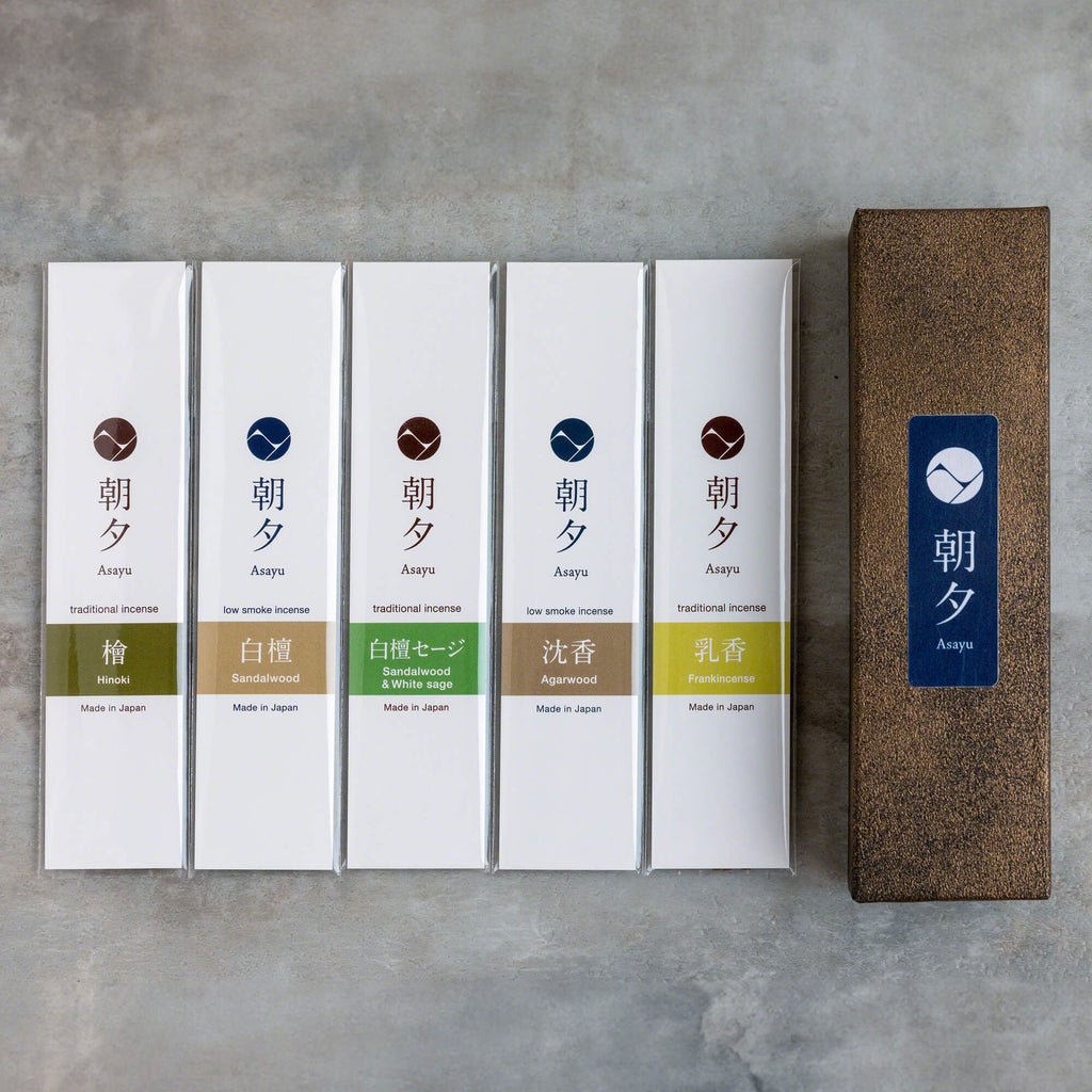 Asayu Japan 100% Natural Incense Sticks Assortment, Set of 5 Scents: Sandalwood, Agarwood, Cypress, White Sage, Frankincense