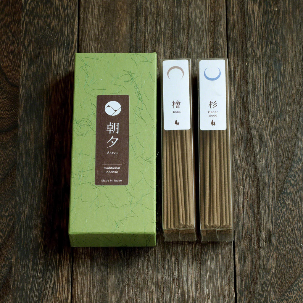Asayu Japan Traditional Incense Gift Set [ Forest Set (Hinoki Cypress & Cedar Wood) + Green Lotus Incense Holder ]