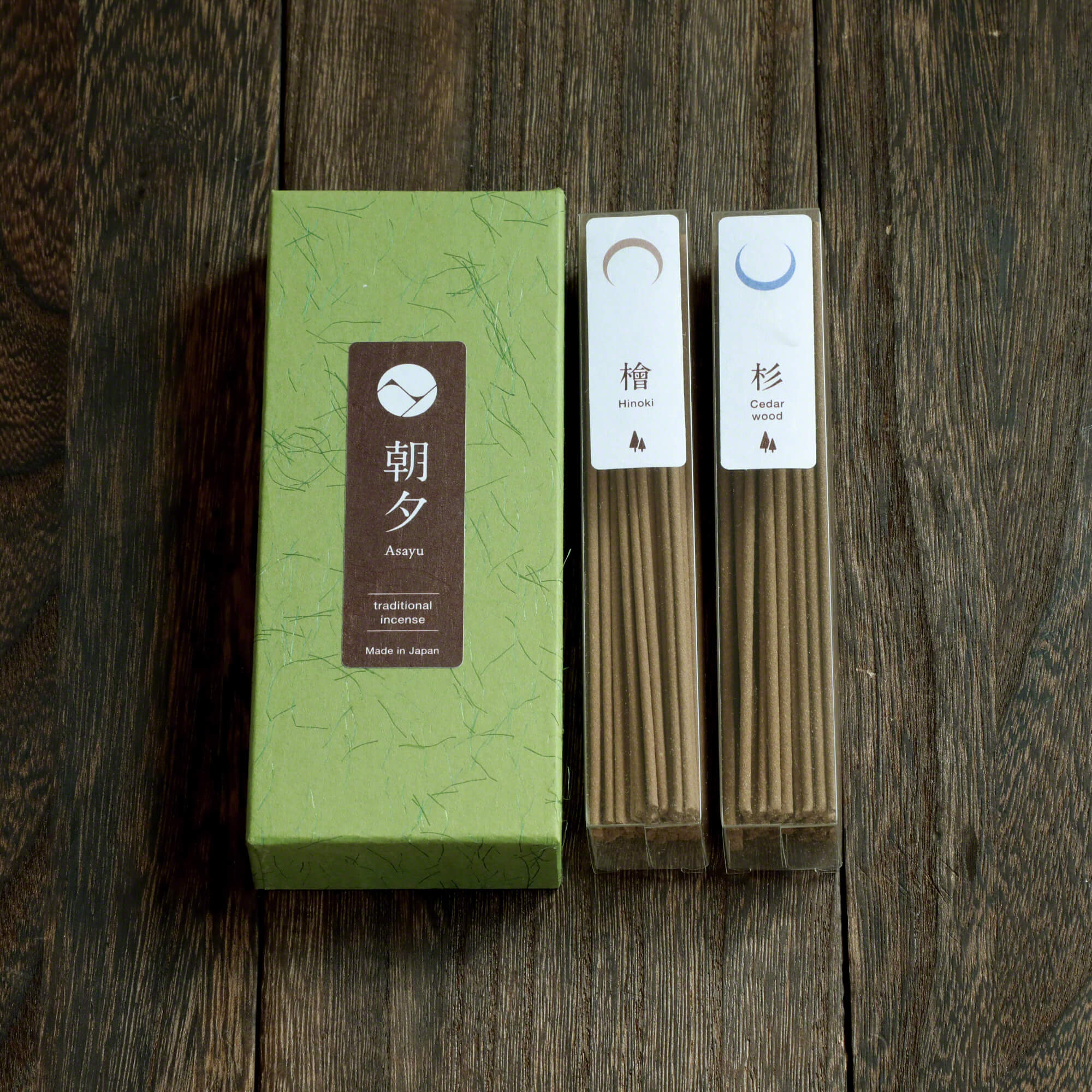 Asayu Japan Traditional Incense Gift Set [ Forest Set (Hinoki Cypress & Cedar Wood) + Green Lotus Incense Holder ]