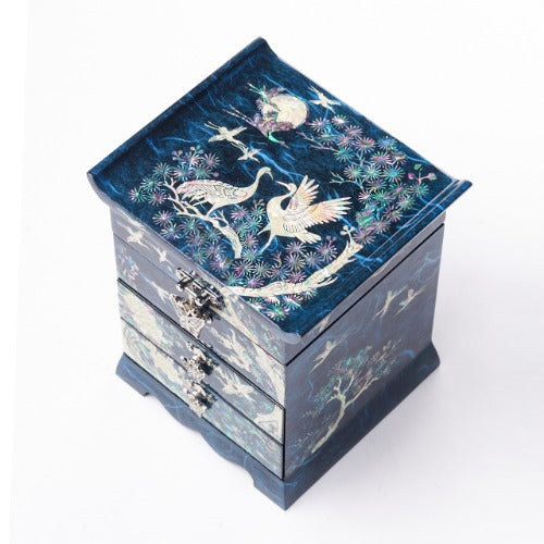 Najeon Mother-of-Pearl Jewelry Box - Crane & Pine, Blue, 3 - Tier