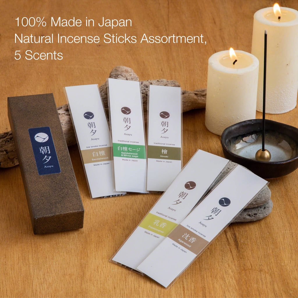 Asayu Japan 100% Natural Incense Sticks Assortment, Set of 5 Scents: Sandalwood, Agarwood, Cypress, White Sage, Frankincense