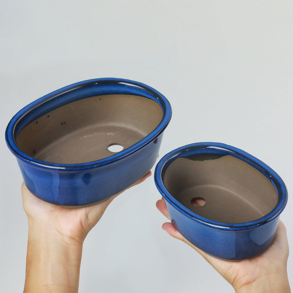 Wazakura [ Banko Series ] 2PCS Oval Bonsai Pots - Namako Blue