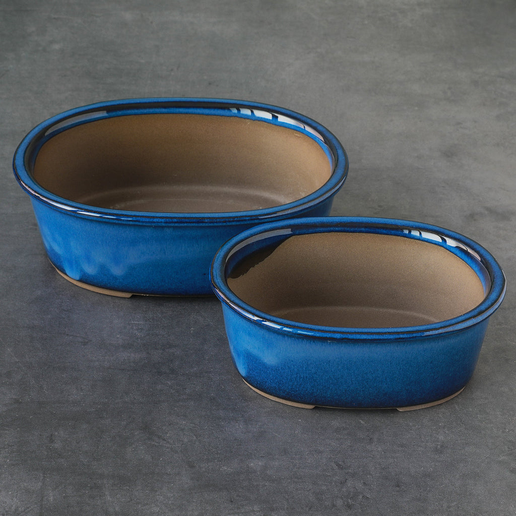 Wazakura [ Banko Series ] 2PCS Oval Bonsai Pots - Namako Blue