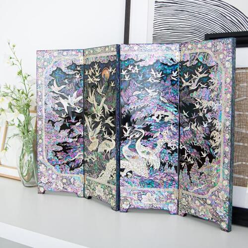 Najeon Mother-of-Pearl Folding Screen - Crane, White, 4 - Panel - view 3