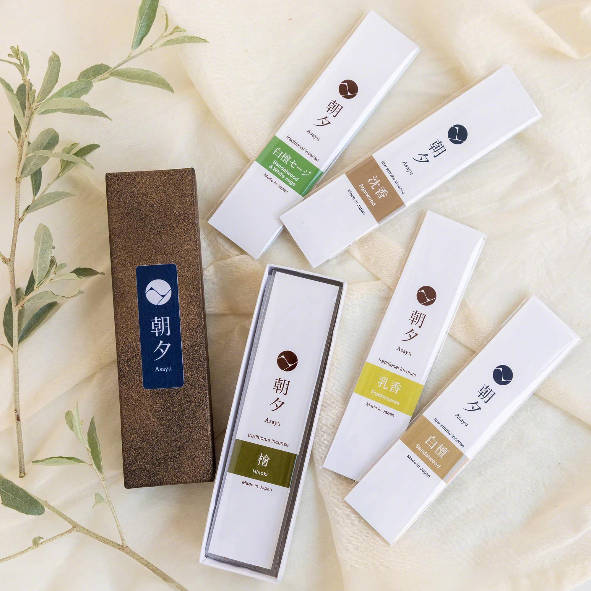 Asayu Japan 100% Natural Incense Sticks Assortment, Set of 5 Scents: Sandalwood, Agarwood, Cypress, White Sage, Frankincense