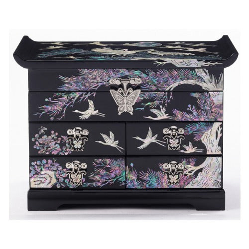 Najeon Mother-of-Pearl Jewelry Box - Crane & Pine, Black, 5 - Tier