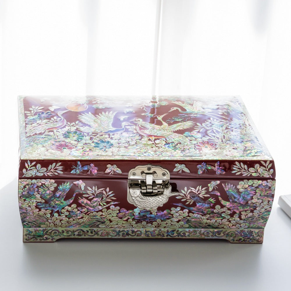 Najeon Mother-of-Pearl Jewelry Box - Crane & Pine, Red, 2 - Tier (II)