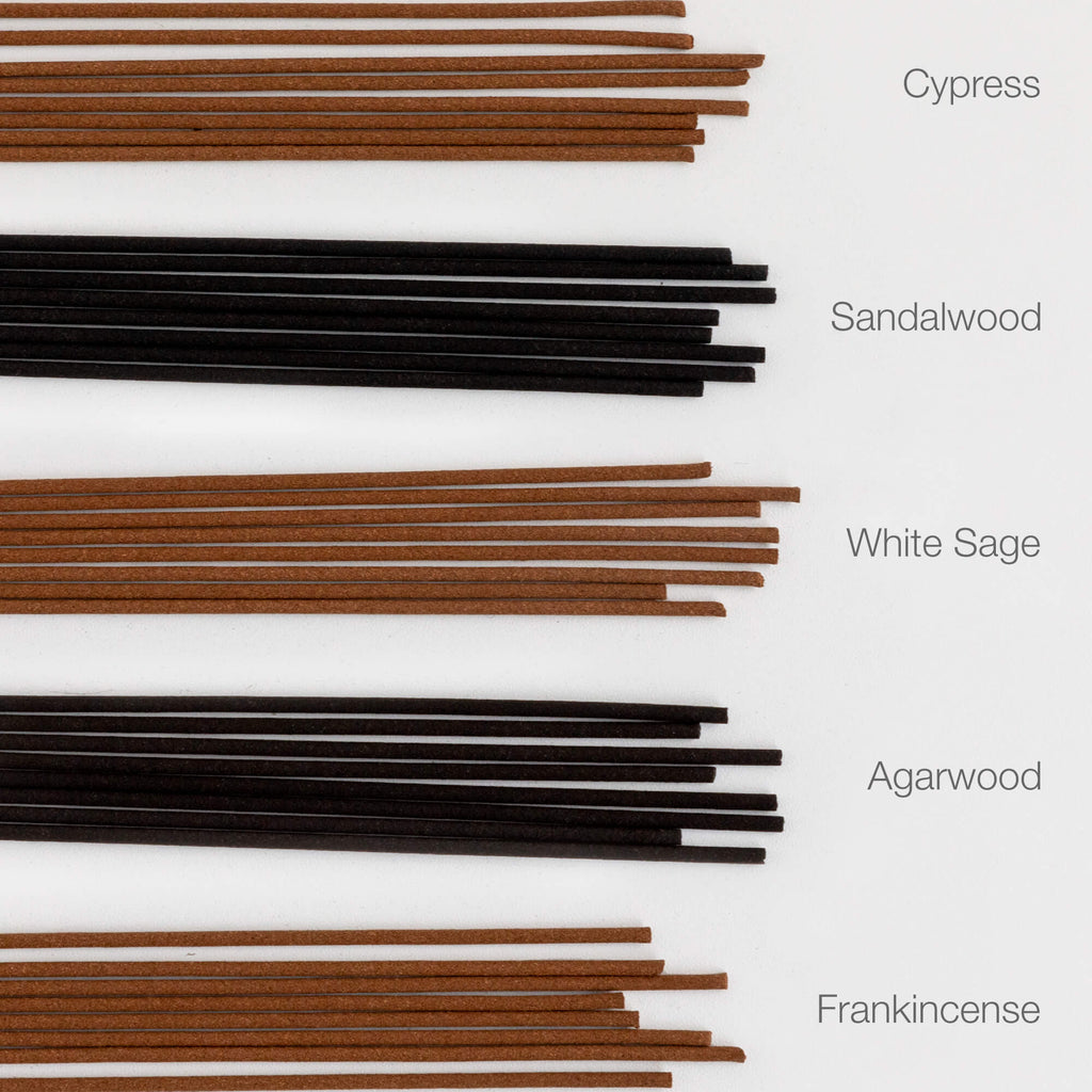 Asayu Japan 100% Natural Incense Sticks Assortment, Set of 5 Scents: Sandalwood, Agarwood, Cypress, White Sage, Frankincense