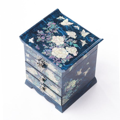 Najeon Mother-of-Pearl Jewelry Box - Peony, Blue, 3 - Tier