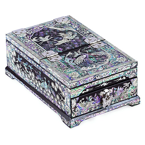 Korean Jewelry Box - Crane & Pine, Black, 1 - Tier