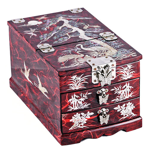 Korean Jewelry Box - Crane & Pine, Red, 2 - Tier