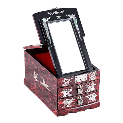 Korean Jewelry Box - Crane & Pine, Red, 2 - Tier