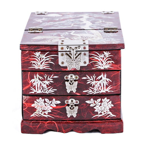 Korean Jewelry Box - Crane & Pine, Red, 2 - Tier