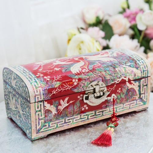 Korean Jewelry Box - Crane & Pine, Red, 2 - Tier (by Oh Myung - ho)