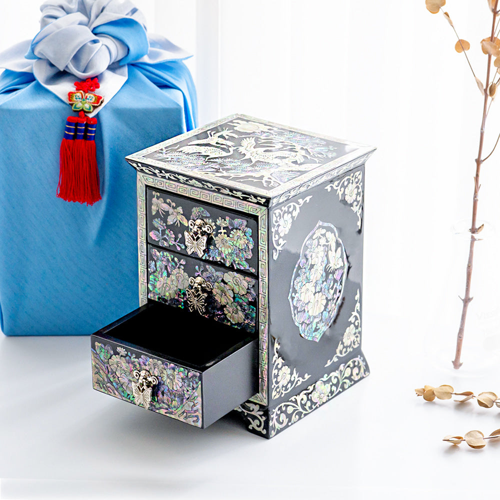 Najeon Mother-of-Pearl Jewelry Box - Crane & Pine, Black, 3 - Tier - view 4