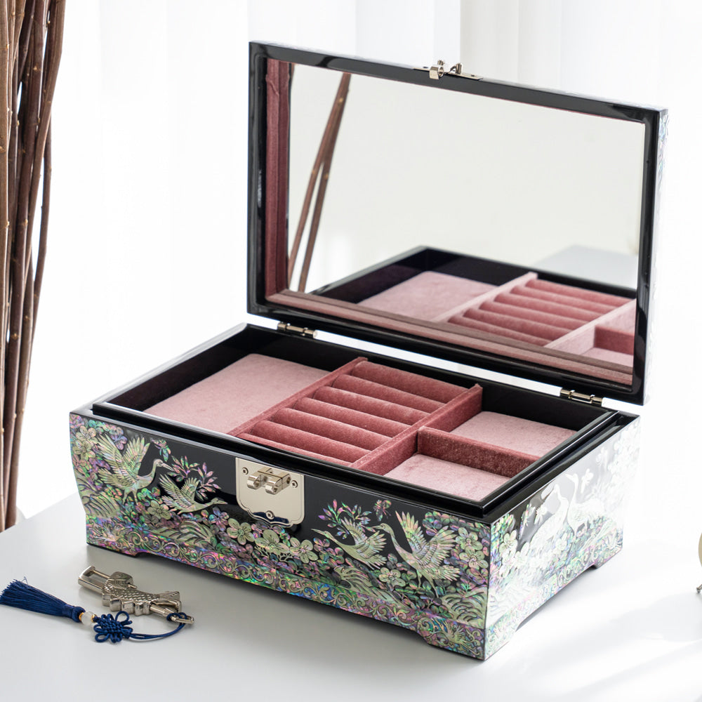 Najeon Mother-of-Pearl Jewelry Box - Crane & Pine, Black, 2 - Tier (II) - view 6