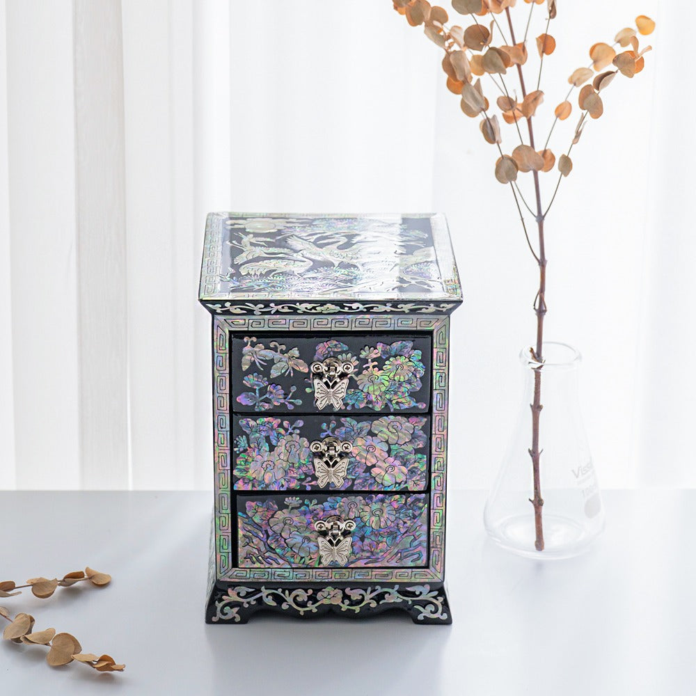Najeon Mother-of-Pearl Jewelry Box - Crane & Pine, Black, 3 - Tier