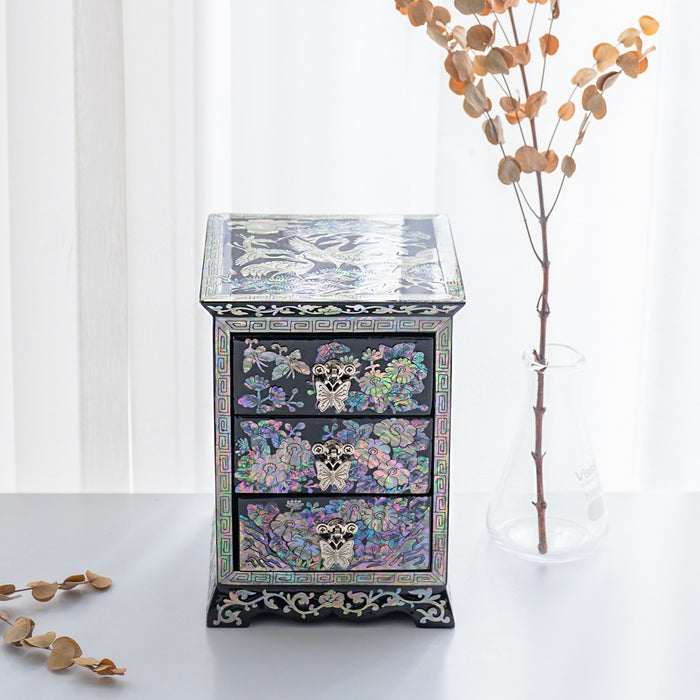 Najeon Mother-of-Pearl Jewelry Box - Crane & Pine, Black, 3 - Tier