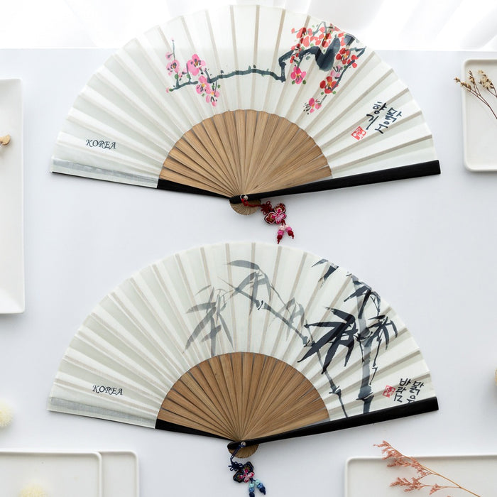 Korean Silk Folding Fan - Bamboo, Red