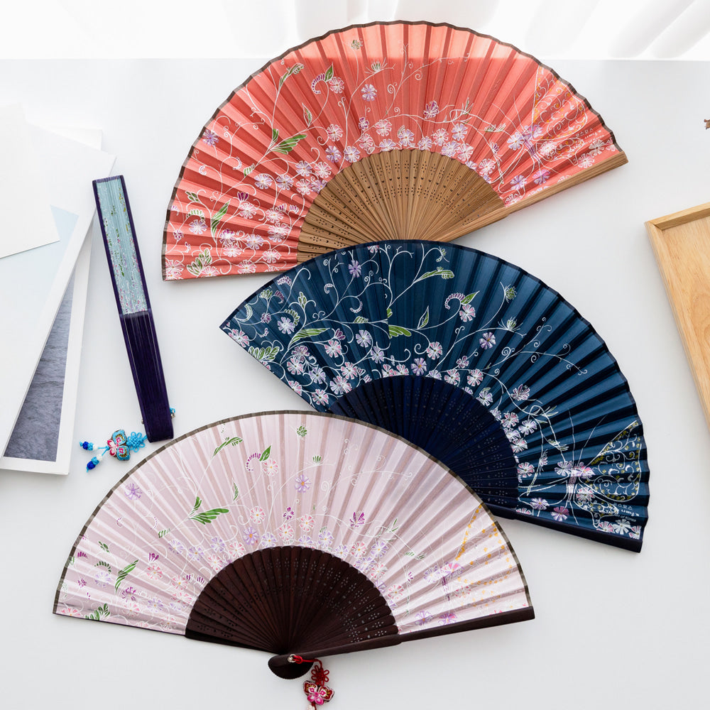 Korean Silk Folding Fan - Bamboo, Red - view 5