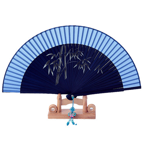 Korean Silk Folding Fan - Bamboo, Blue