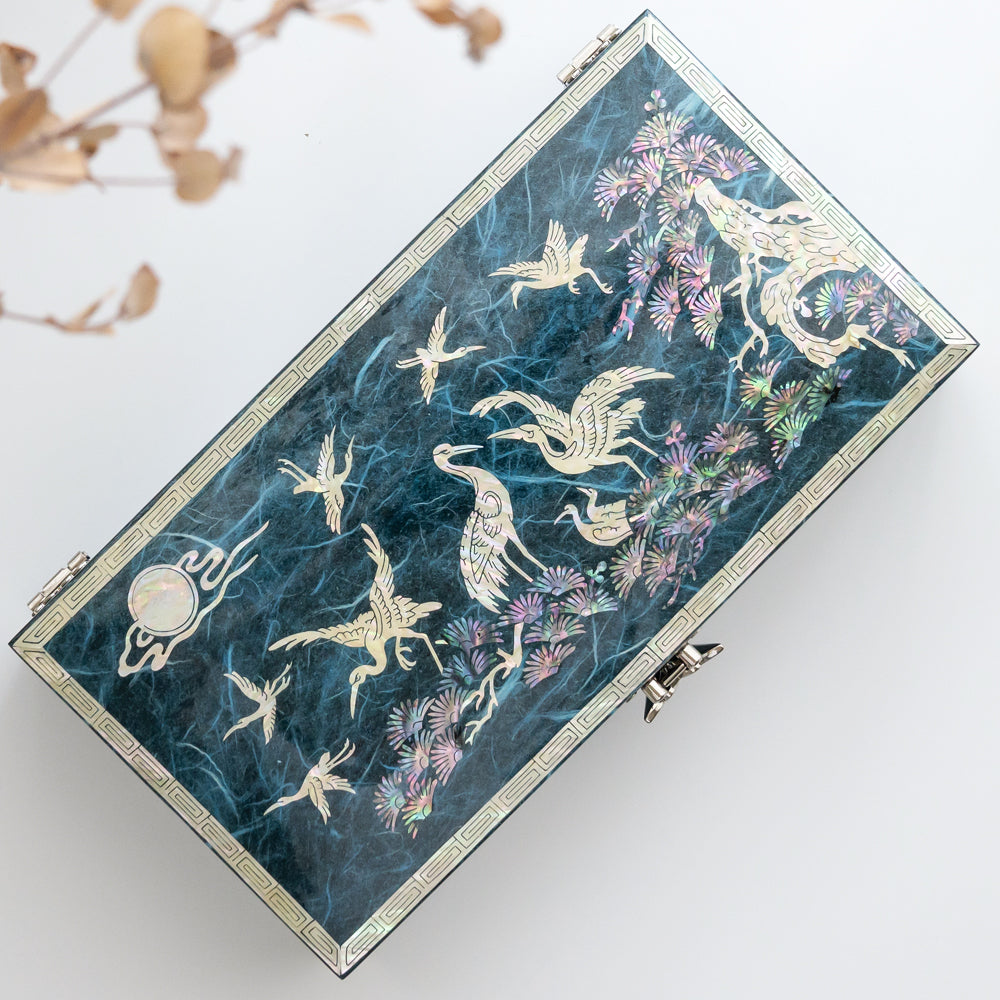 Korean Jewelry Box - Crane & Pine, Blue, 1 - Tier (by Oh Myung - ho) - view 4
