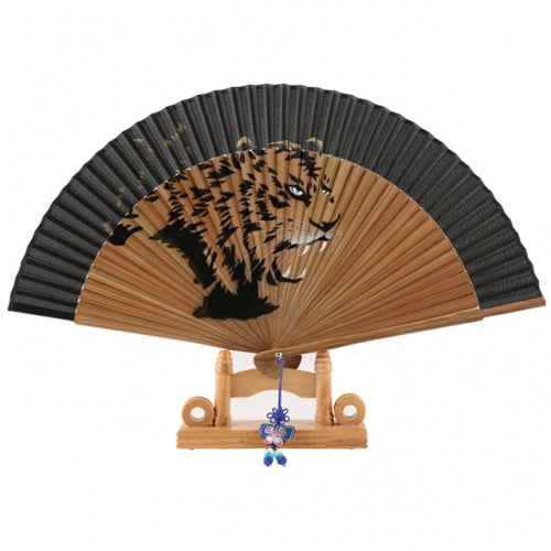 Korean Silk Folding Fan - Tiger, Beige