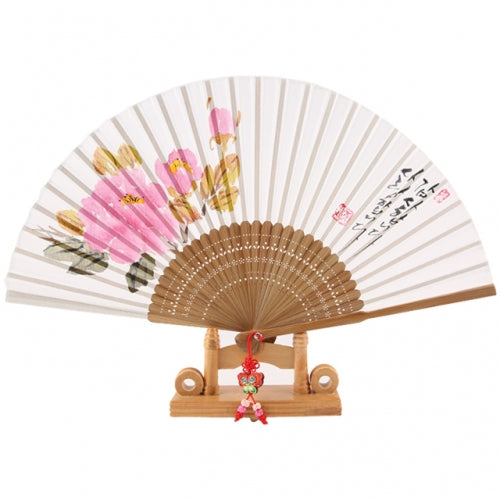 Korean Folding Fan - Peony, Silver