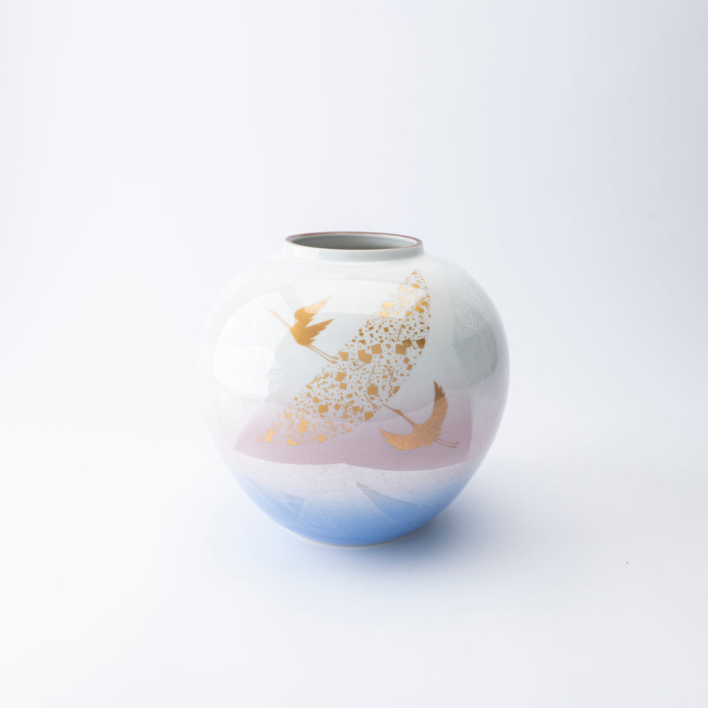Musubi Kiln Ginsai Crane Round Japanese Flower Vase 8.1 IN