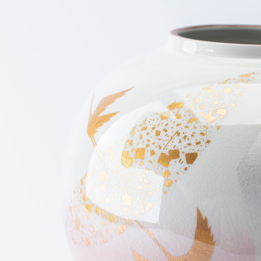 Musubi Kiln Ginsai Crane Round Japanese Flower Vase 8.1 IN