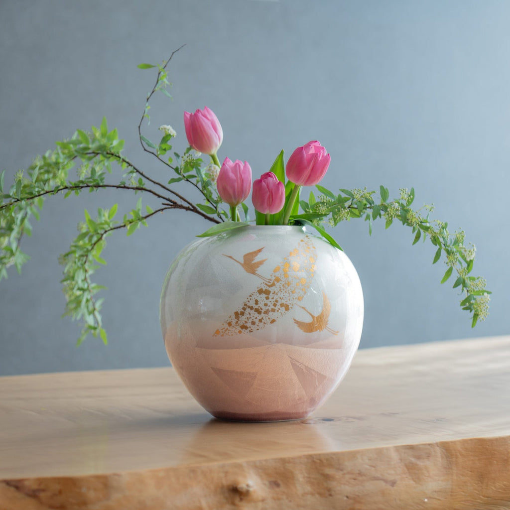 Musubi Kiln Ginsai Crane Round Japanese Flower Vase 8.1 IN