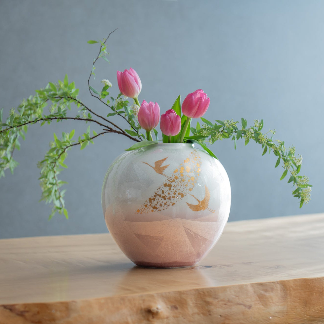 Musubi Kiln Ginsai Crane Round Japanese Flower Vase 8.1 IN