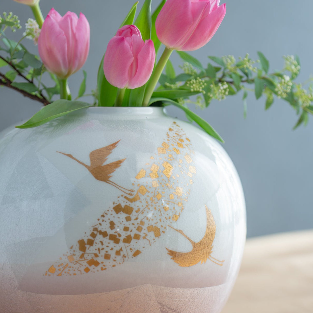 Musubi Kiln Ginsai Crane Round Japanese Flower Vase 8.1 IN