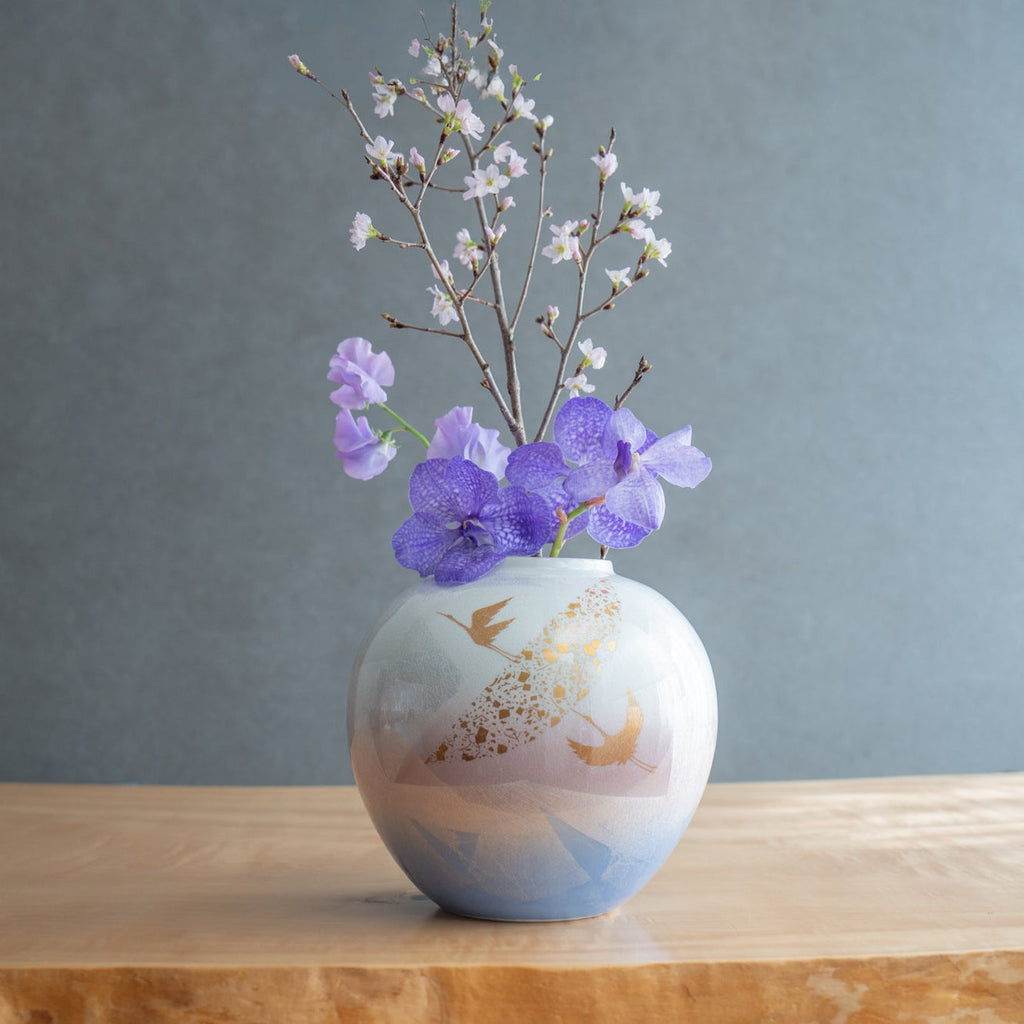 Musubi Kiln Ginsai Crane Round Japanese Flower Vase 8.1 IN