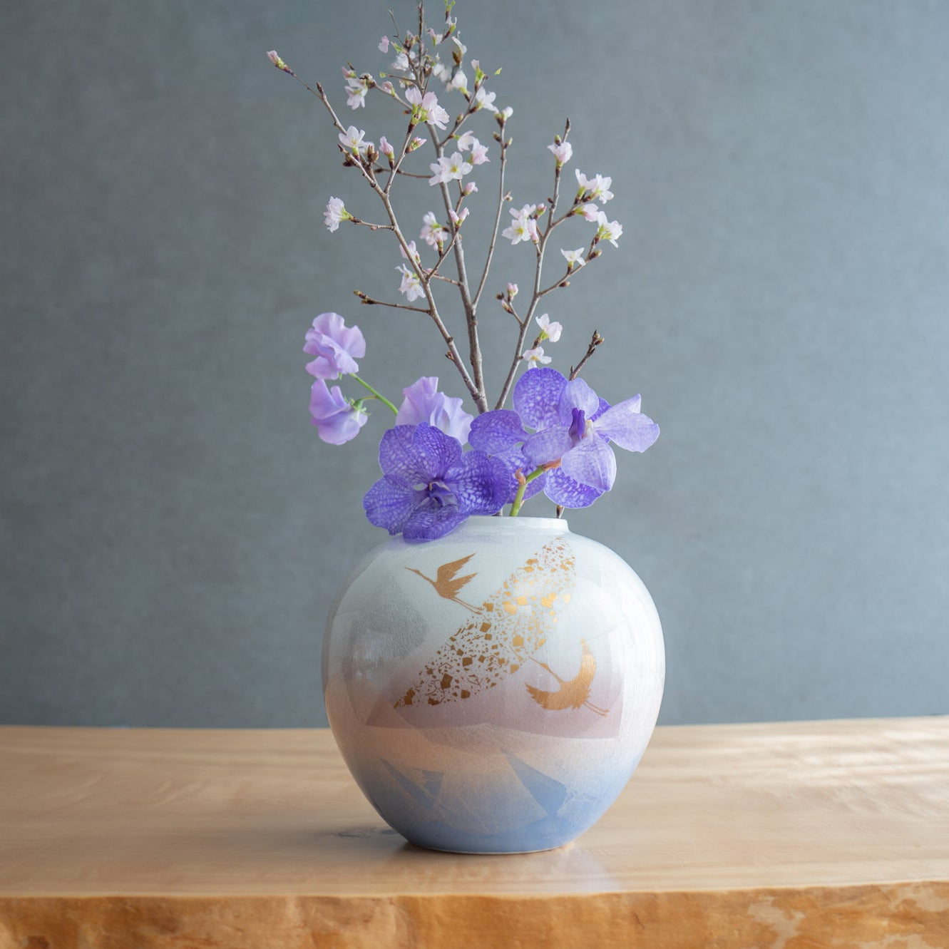 Musubi Kiln Ginsai Crane Round Japanese Flower Vase 8.1 IN