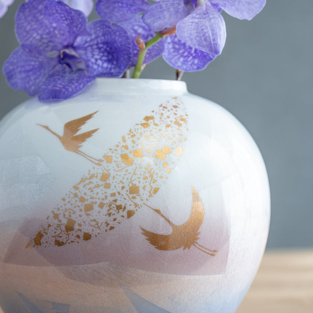 Musubi Kiln Ginsai Crane Round Japanese Flower Vase 8.1 IN