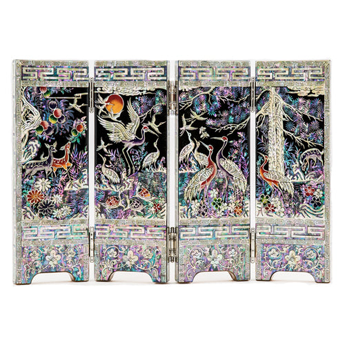 Najeon Mother-of-Pearl Folding Screen - Crane & Pine, Black, 4 - Panel, Small (by Oh Myung - ho) - view 3