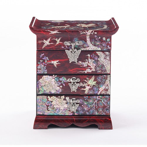 Najeon Mother-of-Pearl Jewelry Box - Crane & Pine, Red, 3 - Tier