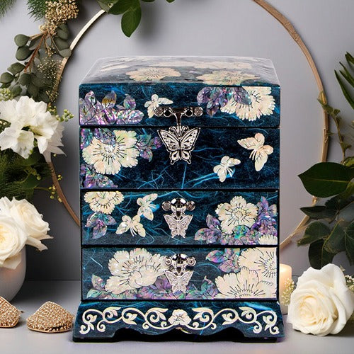 Najeon Mother-of-Pearl Jewelry Box - Peony, Blue, 3 - Tier (II)