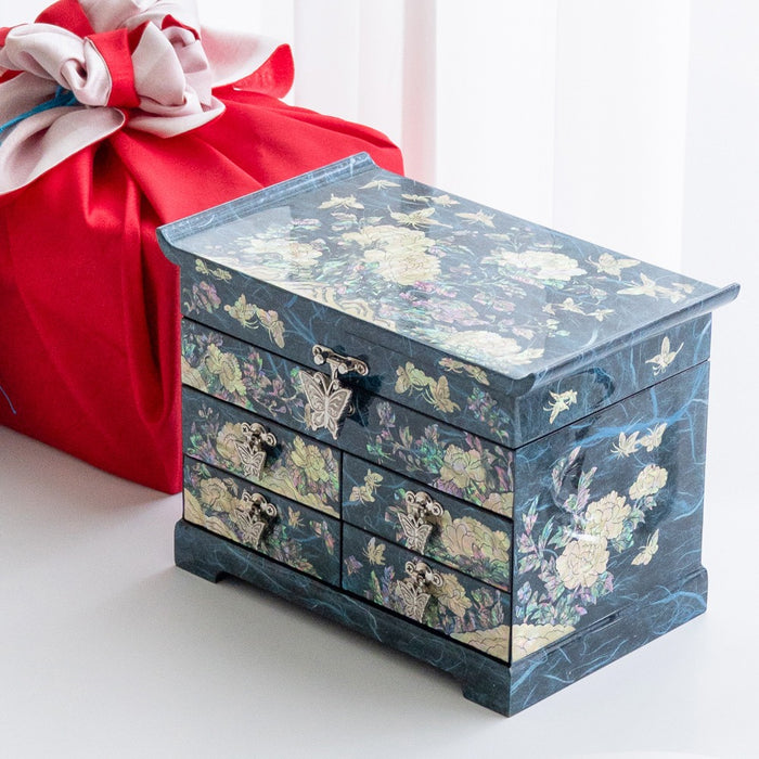 Najeon Mother-of-Pearl Jewelry Box - Peony, Blue, 5 - Tier