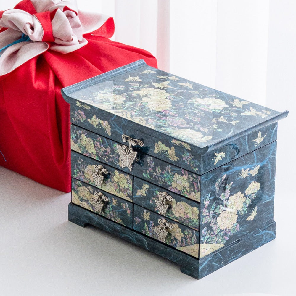 Najeon Mother-of-Pearl Jewelry Box - Peony, Blue, 5 - Tier - view 2