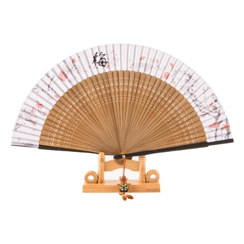 Korean Silk Folding Fan - Plum Blossom, Beige
