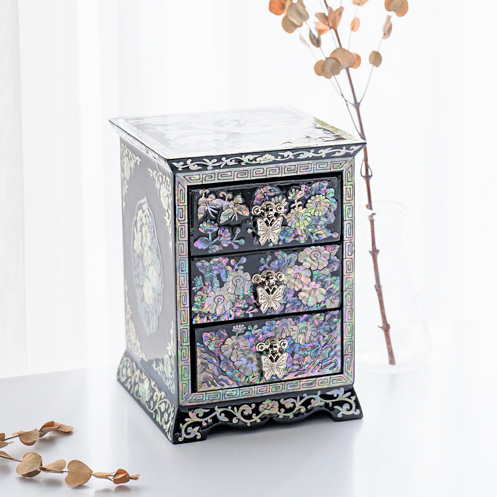 Najeon Mother-of-Pearl Jewelry Box - Crane & Pine, Black, 3 - Tier - view 5