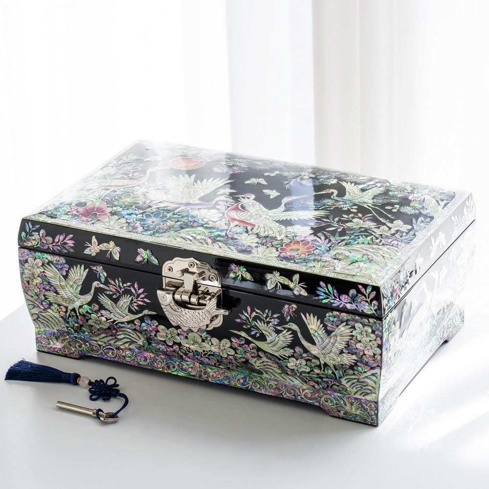 Najeon Mother-of-Pearl Jewelry Box - Crane & Pine, Black, 2 - Tier (II) - view 4