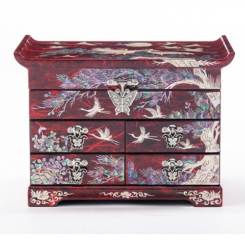 Najeon Mother-of-Pearl Jewelry Box - Crane & Pine, Red, 5 - Tier