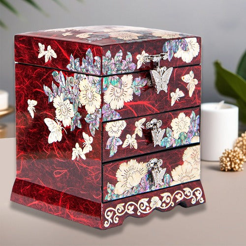 Najeon Mother-of-Pearl Jewelry Box - Peony, Red, 3 - Tier