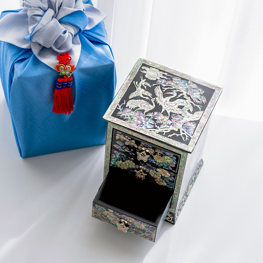 Najeon Mother-of-Pearl Jewelry Box - Crane & Pine, Black, 3 - Tier - view 8