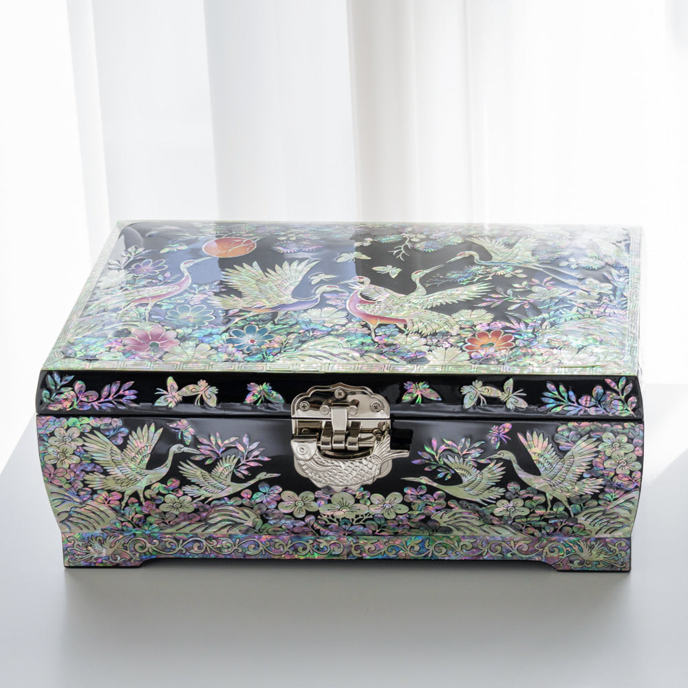 Najeon Mother-of-Pearl Jewelry Box - Crane & Pine, Black, 2 - Tier (II) - view 5