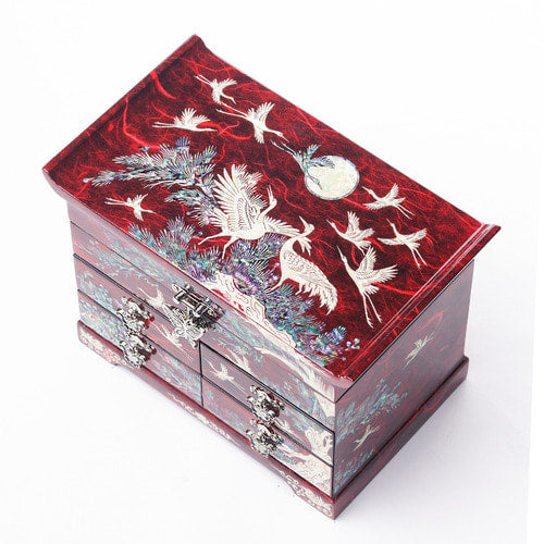 Najeon Mother-of-Pearl Jewelry Box - Crane & Pine, Red, 5 - Tier - view 4