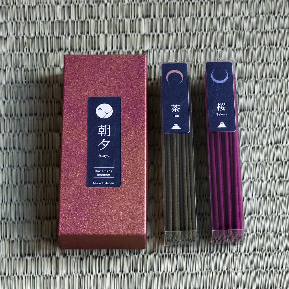 Asayu Japan Low Smoke Incense Sticks 40g Japan Scent Set Green Tea and Sakura Cherry Blossom